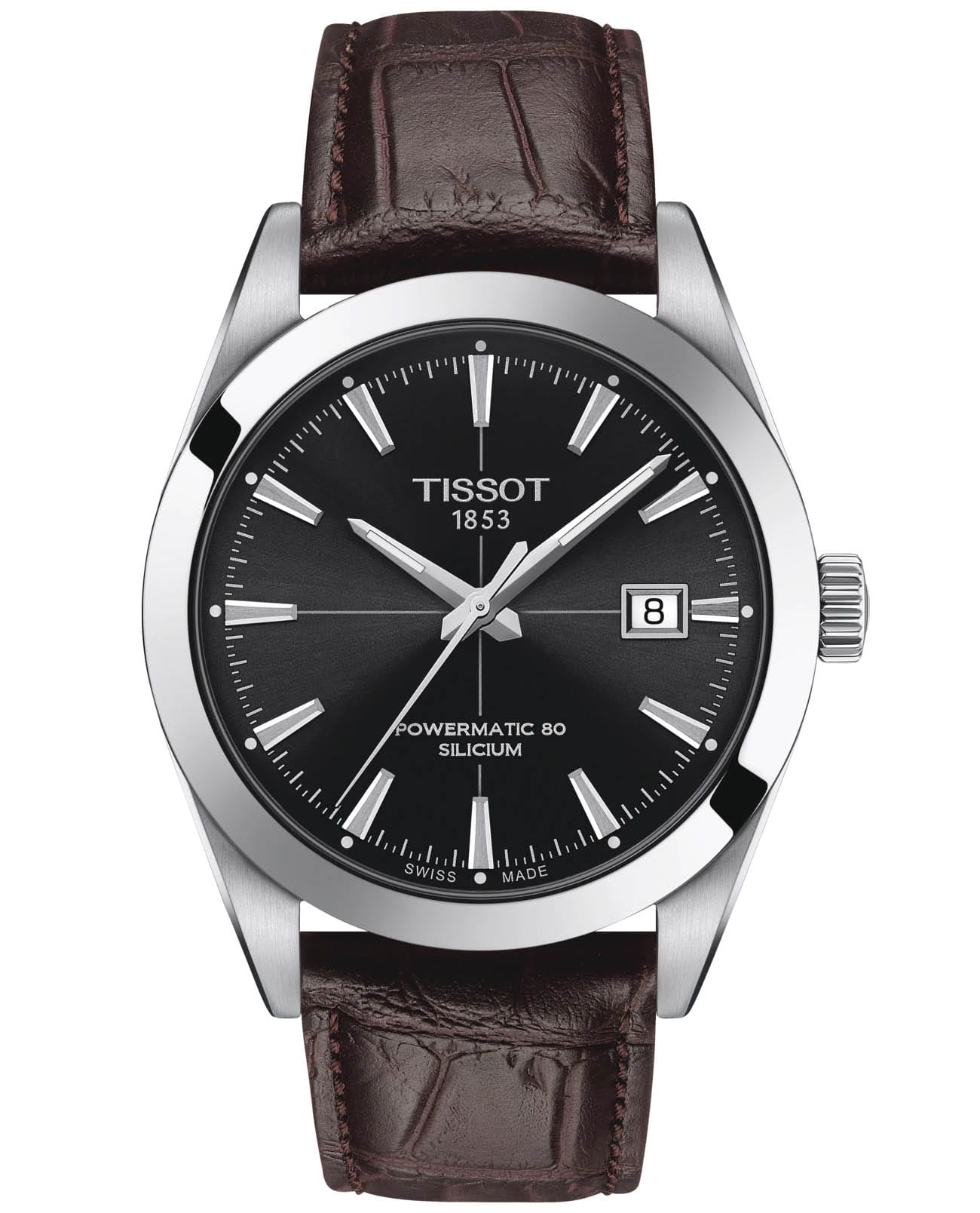 Tissot Tissot Gentleman Powermatic 80 Silicium T127.407.16.051.01 Gentleman T1274071605101 механические мужские часы черный циферблат, браслет кожаный — вид спереди